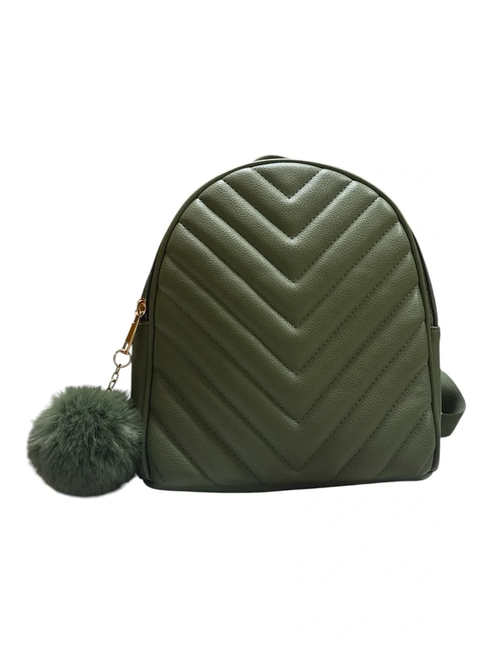 Quilted Olive Green Women's mini Backpack Purse with Pom Pom
